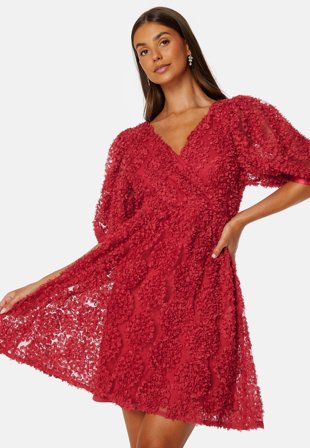 Bubbleroom Occasion - 3D Puff Sleeve Dress - Dark red - Kläder