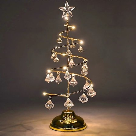 Jul Krystallgran Lys 33 cm Bord Julegransdekorasjon Juletre Lampe med LED og Krystallanheng Jul (Gull)[CO]