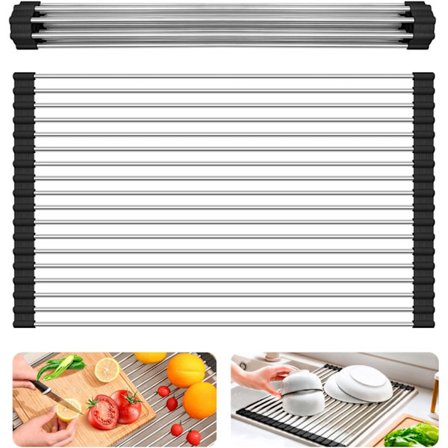 Opprullbar Oppvaskrist, Kjøkken Oppvaskkum Tørkestativ, Sammenleggbar Flerbruks Oppvaskstativ, Sklisikker Silikon og 304 Rustfritt Stålrør