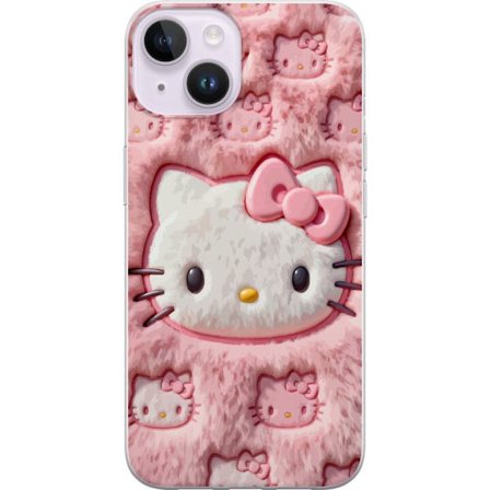 Kompatibel Mobilcover til Apple iPhone 15 Hello Kitty lyserød fluffy baggrund med ikonisk ansigt og kawaii-æstetik