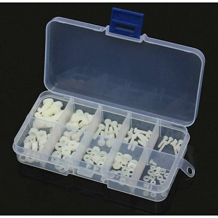 150 stk eske sett med skruer bolter muttere muttere skiver assortert sett hvitt nylon M2 M2.5 M3 M4 M5