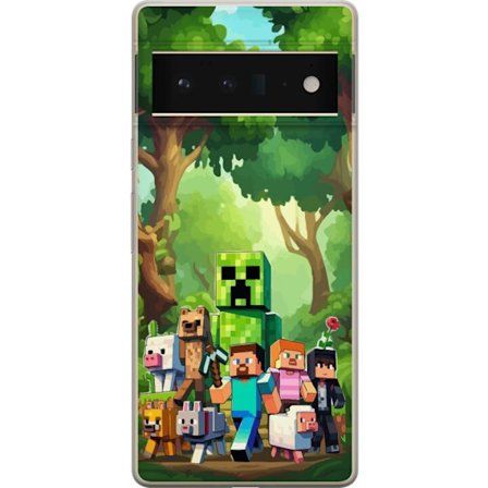 Kompatibelt Mobildeksel til Google Pixel 6 Pro Blokkete pikselerte spillverden med grønne figurer og dyr i frodig skogsmiljø