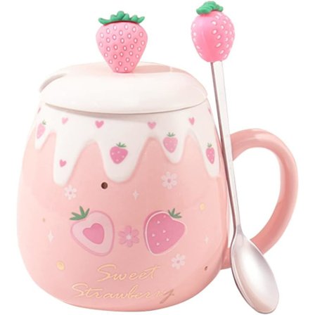 Sød Jordbær Kopsæt Pink Kaffe Kop Keramik Kawaii Kop Morgen Te Mælk Frugt Kop med Lækker Låg Ske Kreativ Nyhed 500ML(s)
