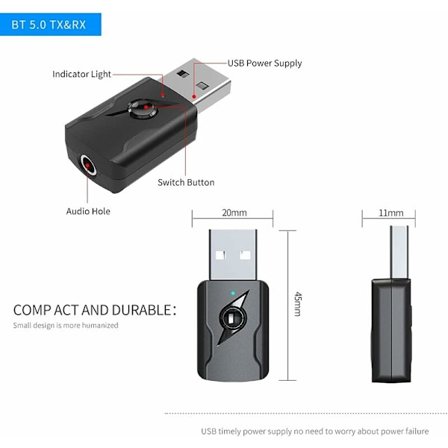 Bluetooth 5.0 Adapter med 3.5mm Ljudkabel för PC, TV, Bil, Högtalare, MP3, Hemljud & Hörlurar - USB-dongel