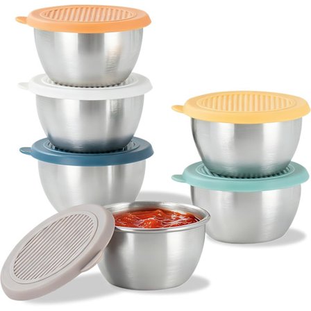 Sæt med 6 genanvendelige, lækagesikre små beholdere i rustfrit stål med låg, perfekte til tomatsauce, madkasser og salatdressing til takeaway.