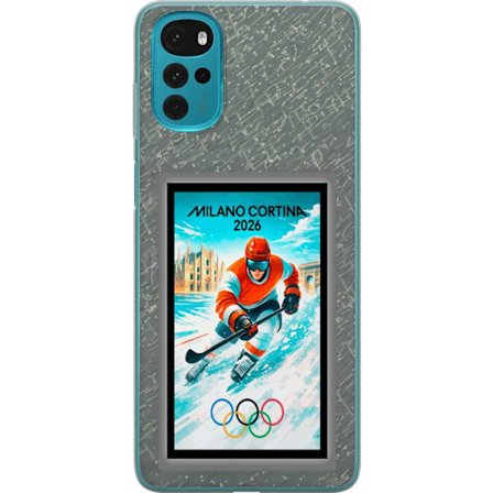 Kompatibel Mobilcover til Motorola Moto G22 Curling illustration med spillere og sten på isen, Milano Cortina 2026, snedækkede stænk og olympiske ring