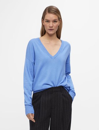 Object Objthess L/S V-Neck Knit Pullover Noos - Blue - XL