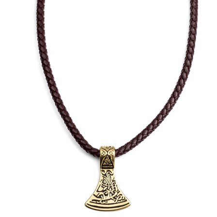 Colar em Pele Castanha com Símbolo Norse Dourado para homens - Colares com martelo de Thor