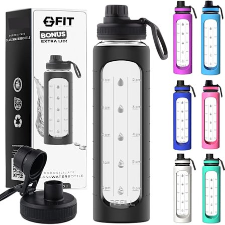 32 oz Glassflaske med Tidsmarkør-påminnelse, 1 liters glassflaske, BPA-fri, (Svart Sleeve)