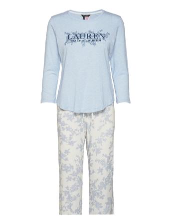 Lrl 3/4 Sl. Scoop Long Pant Pj Ivory Floral Blue Lauren Ralph Lauren Homewear