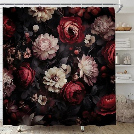 Musta kukkakuvioinen suihkuverho Retro Kukka Kukka Maalaismainen Ruusu Akvarelli Pioni Vintage Lehdet Puutarhakasvi Boho 183 cm L x 213 cm K Kangas 