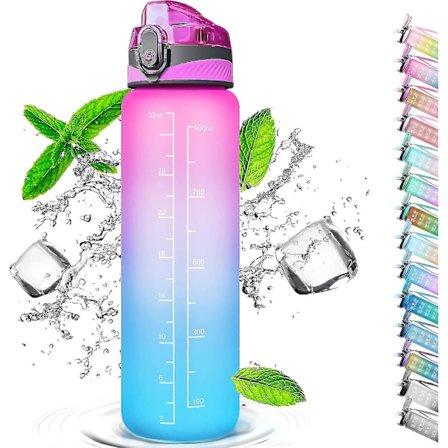 1 liters drikkeflaske med sugerør, med tidsmarkører, sportssykkelflaske (gradient rosa blå)