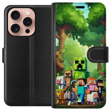 Kompatibel Tegnebogsetui til Apple iPhone 16 Pro Klodset pixeleret spilverden med grønne figurer og dyr i frodig skovmiljø