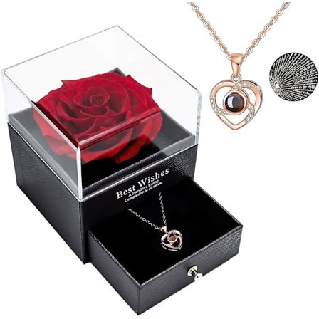 Säilytetty ruusu I Love You -kaulakorulla lahjapakkauksessa - Romanttiset lahjat