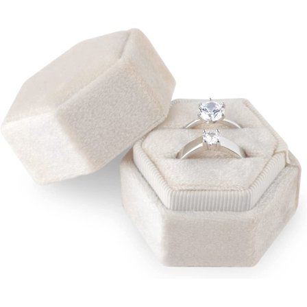 Fløjlsringæske, til smykker Dobbelt slots Sekskantet ringæske til forlovelse Ceremoni Bryllup Valentinsdag Holder 2 ringe (Beige)