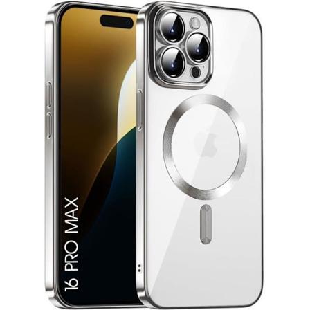 Silikondeksel for iPhone 16 Pro Max med magnetisk ring, gjennomsiktig beskyttelse Skinnende Sølv Kontur