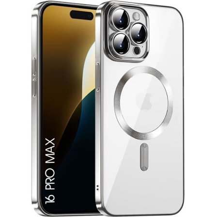 Silikonetui til iPhone 16 Pro Max med magnetisk ring, transparent beskyttelse Glansfuld Sølv Kontur