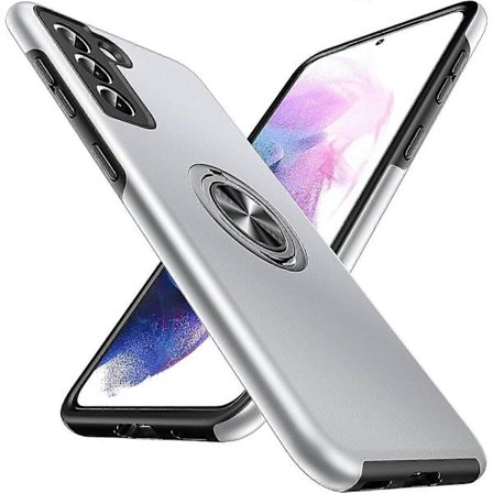 Serie Galaxy S21 Skal 5G, [Värmeavledning] [Fällbar Stativ som Inte Fallar Av] 360 Metallring, Militärt Slitstarkt Skyddande Telefonfodral, Silver