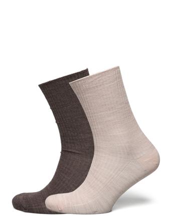 Sock 2 P Merino Rib Folded Cuf Lingerie Socks Regular Socks Beige Lindex