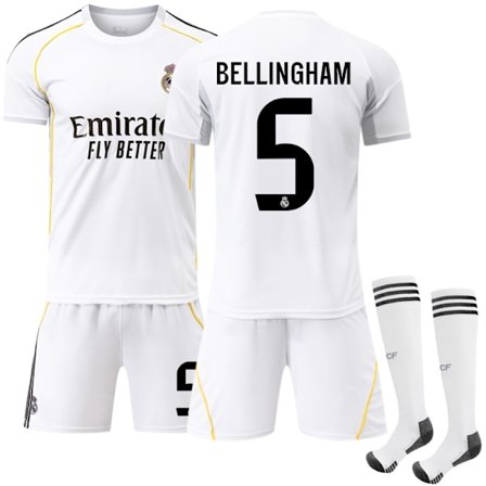 2025-2026 Real Madrid Hjemmedrakt for barn og voksne Fotballdrakt Nr. 5 Bellingham Fotballsett Hvit skjorte Shorts Sokker Størrelse 24