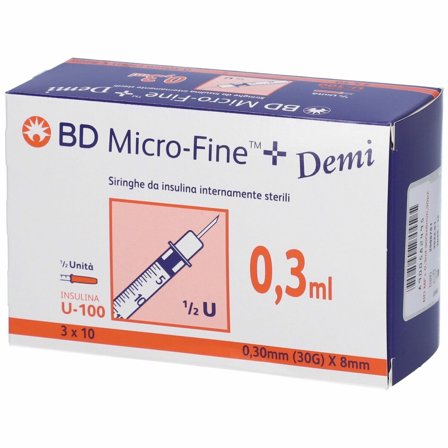 Siringhe Ipodemiche Insulina 0,3 ml Ago 30G 8mm 30 Pezzi