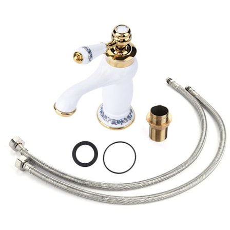 Vintage Mässing u0026 Keramik Blandare med Lång Hals, Blomdesign, Kallt/Varmt Vatten Inlopp - Vit