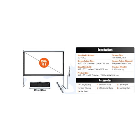 Projektorduk, 100 tum storlek, enkel installation,100 tum Bar Fötter