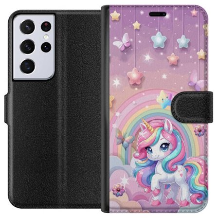Yhteensopiva Lompakkokotelo Samsung Galaxy S21 Ultra 5G Maaginen yksisarvinen, jolla on sateenkaarimane, tähtiä ja perhosia vasten pastellinväristä ta