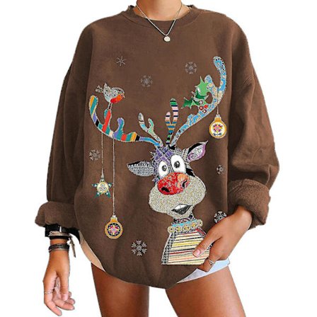 Christmas Sweatshirt Crewneck Pullover Långärmad Lösa Toppar Älg Print Skjorta