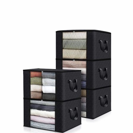 Pakke med 5 sammenleggbare klesoppbevaringsbokser, stor oppbevaringspose, skaporganiseringssett med forsterket håndtak og stabilt, for dyner, klær, 