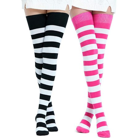 Ekstra Lange Stribede Bomuldsstrømper, Lårhøje Strømper, Knæhøje Strømper, Sort/Hvid & Fuchsia/Hvid, One Size