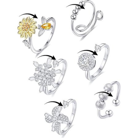 6 st Spinner Ring Justerbar Öppen Ring Kubisk Zirkonia Solros Vädermölla Fjäril Mån Pärla Stress Relief Stapelbara Ringar för Kvinnor Silver Guld Ton
