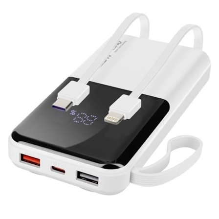 10000 mAh reservbatteri med Lightning och USB Type C-kablar LinQ White