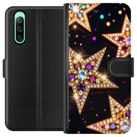 Kompatibel Tegnebogsetui til Sony Sony Xperia 10 IV Luksuriøse gyldne glitterstjerner med krystaller og bokeh på en mørk baggrund perfekt til feste