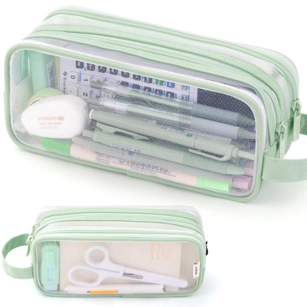 Stort Penalhus i Mesh med Gitter - 2 Rum Gennemsigtig Organizer med Håndholdt Design, Transparent Multifunktionel Taske til Makeup & Kontorartikler