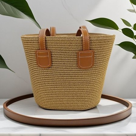 Stråtaske til damer, håndvævet håndtaske, egnet til sommerferie, strandture og hverdagsbrug (ensfarvet khaki) Solid Khaki—max