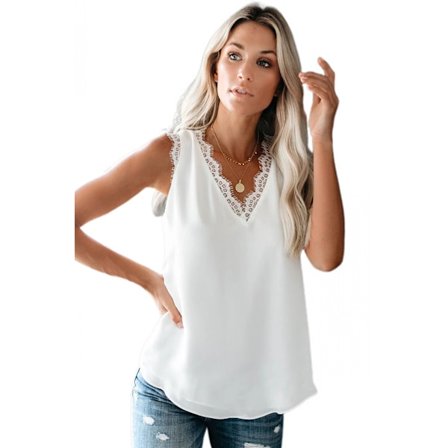 Dam V-ringad spetstopp Casual Tanktoppar Ärmlösa Blusar Skjortor --- Vit (Storlek XL)