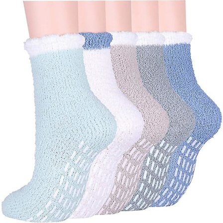 Slippersokker til kvinder og piger, 5 par varme, hyggelige, fuzzy sokker med greb, vintertermiske, skridsikre sokker til afslappet hjemmebrug