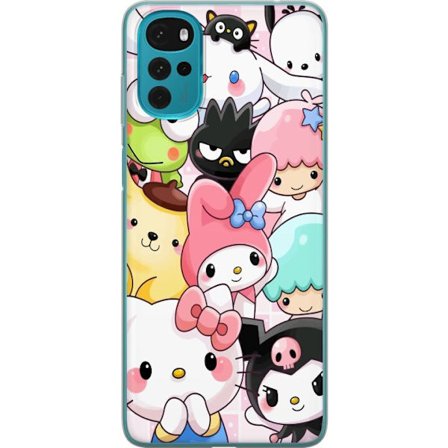 Kompatibelt Mobildeksel til Motorola Moto G22 Tett mønster av søte figurer med store øyne i ulike farger og uttrykk med LABUBU-tekst