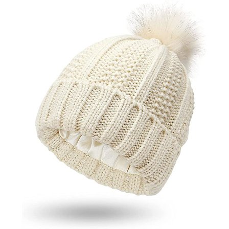 Stickad mössa för kvinnor med satin innerfoder Pom Pom vinter varm mössa Bobble Hat