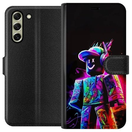 Kompatibel Tegnebogsetui til Samsung Samsung Galaxy S21 FE 5G Farverig Roblox-spiller i neonfarver mod sort baggrund i moderne gamingstil
