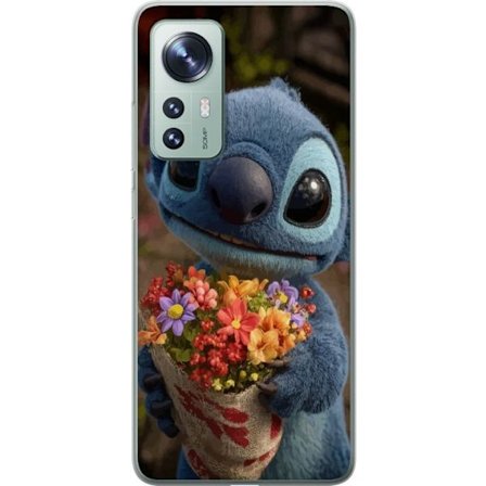 Kompatibel Mobilcover til Xiaomi Xiaomi 12 Sød blå figur med store øjne, der holder en farverig buket i en varm og kær stil