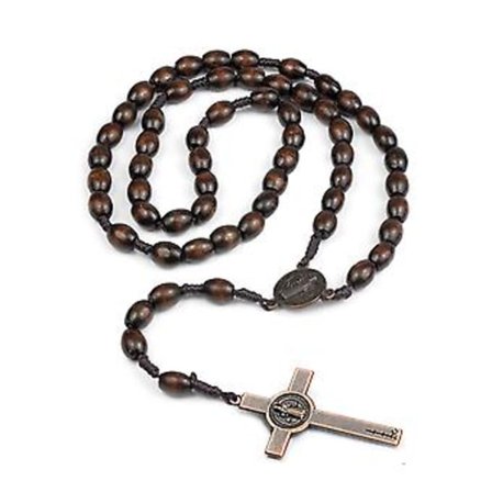 Katolsk rosenkrans halskæde i træ med kristent kors religiøse smykker (Kaffe)