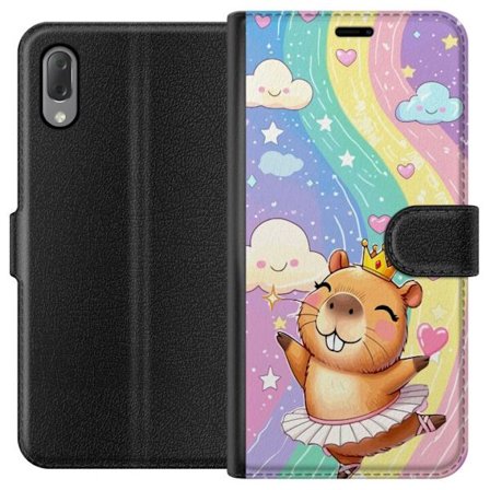 Kompatibelt Plånboksfodral till Sony Xperia L3 Söt dansande capybara i ballerina-klänning med krona mot regnbåge moln hjärtan och stjärnor i mju