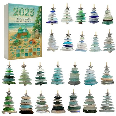 Havglas Juletræs Adventskalender 2025, 24 Dages Jule Nedtællingskalender med 24 Miniature Juletræs Ornamenter, 2025 Havglas Adventskalender