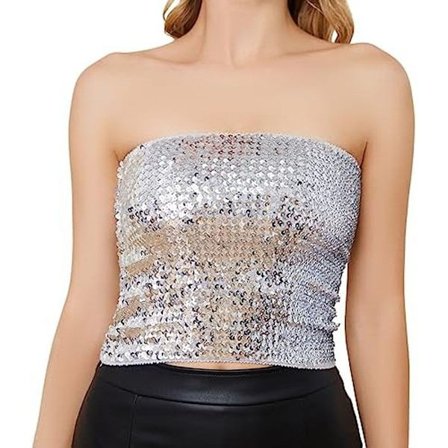 Glimtende Sequin Crop Tops til Kvinder Metallic Tube Tops Stropfri Sølv