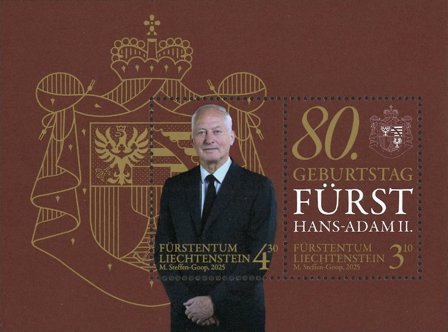 Liechtenstein - Prins Hans-Adam II 80 år - Postfrisk miniark