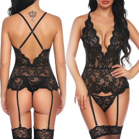 Sexiga underkläder för damer, spets, transparent body och strumpbyxor, svart XL