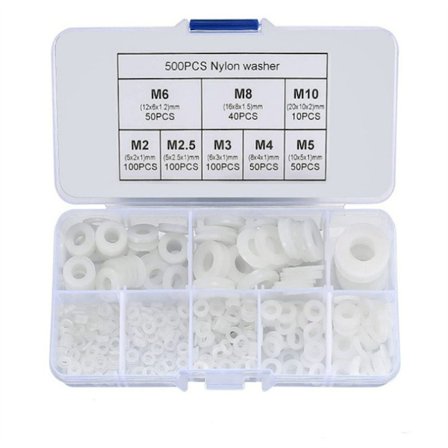 500 stk. nylonspændeskiver, plastikspændeskiver, flade spændeskiver, sortimentssæt