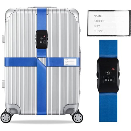 TSA-godkendte låsbare bagageremme - Justerbart krydsbagagebælte med ID-tag - Rejsesikkerhedstilbehør (Blå)
